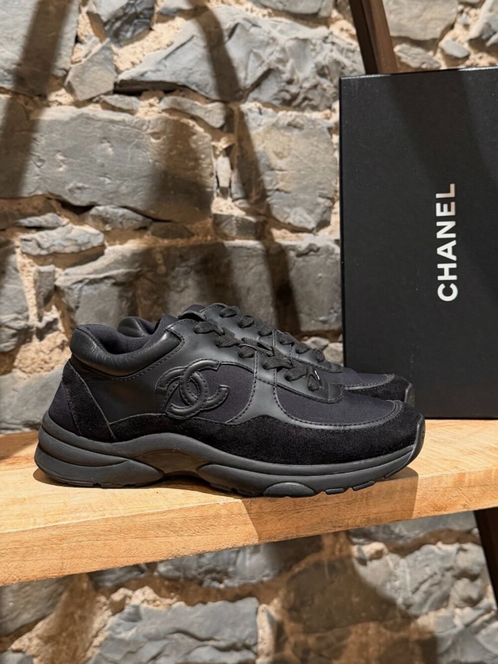 Chanel Triple Black Suede Neoprene CC Trainer Sneakers